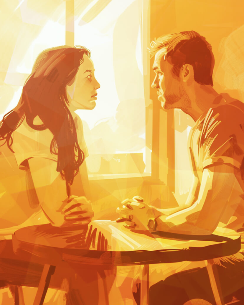 Женщина с мужчиной, сидят за столом, на против друг друга