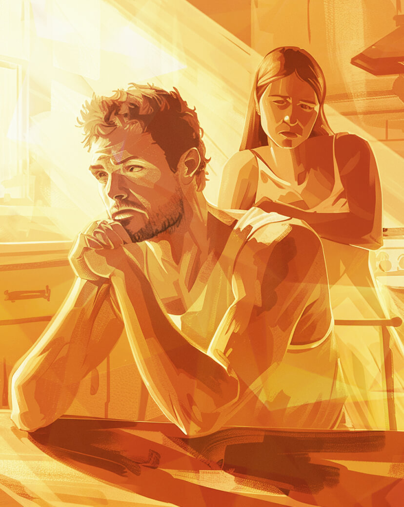 Женщина с мужчиной, сидят за столом, на против друг друга