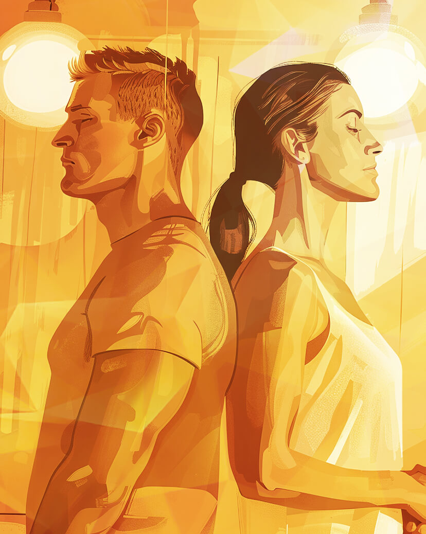 Женщина с мужчиной, стоят спиной к спине